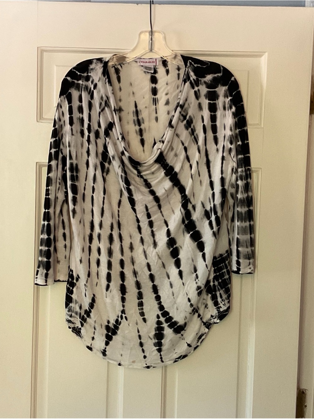 XCVI Wearables Cowl Neck Top White Black Tie Dye Size M Lagenlook Artsy Comfy